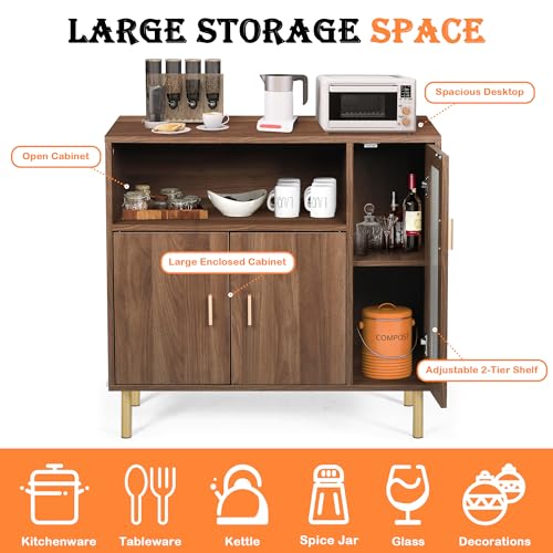 LAZZO Storage Cabinet Credenza Sideboard Buffet Cabinet with Glass Doors Free Standing Accent Entry Cabinet Coffee Bar Cabinet for Living Room, Hallway, Kitchen and Dining Room Brown LAZZO