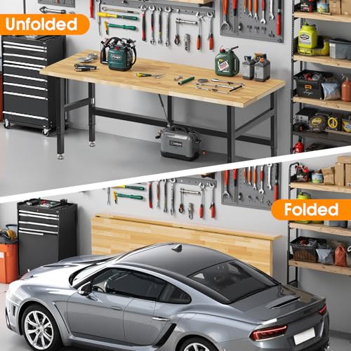 MUWOOD 72” Folding Workbench, 3000 LBS Capacity Heavy Duty Workbench, Height Adjustable Foldable Work Table, Rubberwood Collapsible Desk for Workshop, Garage, Office, Home MUWOOD