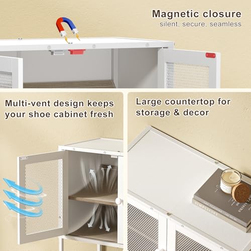 Shoe Storage Cabinet with Visible Mesh Doors for Entryway, Small Shoe Organizer Holds 12-16 Pairs of Shoes up to 11.8"L, Freestanding Wooden Shoe Rack with Front Door for Hallway, Living Room (White) Lyuwanxian