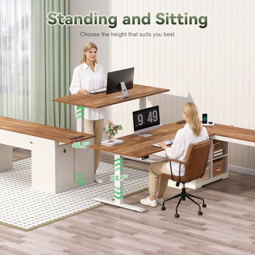 YOMILUVE Farmhouse L Shaped Standing Desk, 66 inch Corner Electric Standing Desk with Drawers & Storage Shelves, Height Adjustable Computer Desk with Power Outlets for Home Office, Antique White YOMILUVE
