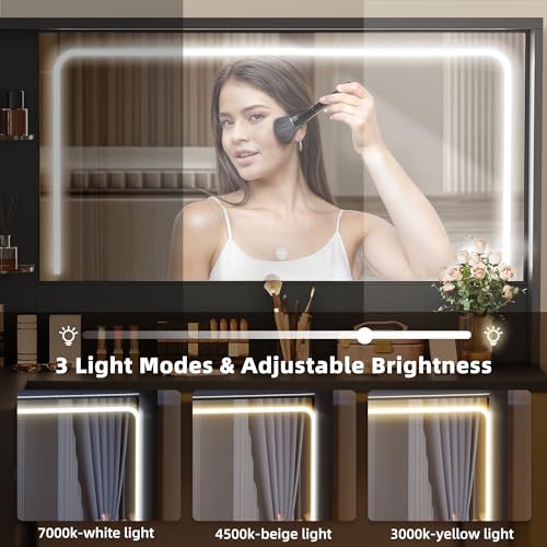 YITAHOME Vanity Desk Set- L Makeup Vanity with Mirror and Lights 3 Lighting Modes, 48" Large Dressing Table with 5 Tempered Glass Drawers with Open Storage Shelves Vanity Table, Black Upgraded YITAHOME