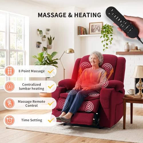 EONIX Lay Flat Power Lift Recliner Chair with Heat and Massage, Dual Motor Electric Lift Chair for Elderly for Postoperative Recovery, 400lbs Heavy Duty, Cup Holders, Lumbar Pillow, Burgundy
