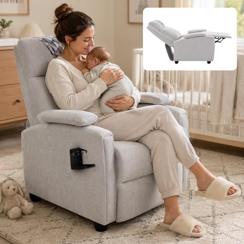 HRVEOCEI Modern Small Recliners for Adults, Gray Recliner Chair with Cup Holder, Push Back Recliners for Small Spaces Living Room Bedroom, 90°-160° Adjustable, Extended Footrest (Light Gray)