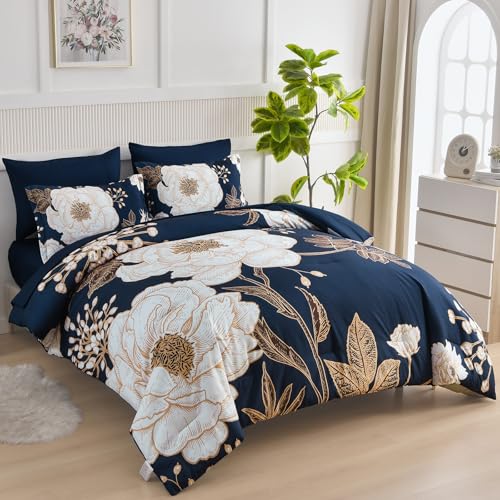 Luxudecor Floral Queen Comforter Set 7 Pieces Bed in a Bag, White Flower Print on Navy Blue Bedding Set, Soft Reversible Comforter with Sheet Set 90"x90" Luxudecor