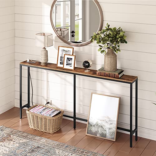 MAHANCRIS 63'' Skinny Console Table with Charging Station, Narrow Long Sofa Couch Table, Easy Assembly, Entryway Table for Living Room, Foyer, Hallway, Rustic Brown CTHR165E01Z1 MAHANCRIS