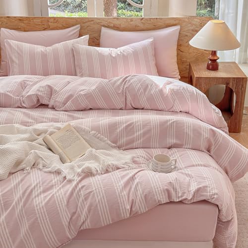 BESTDESIL Pink Striped Duvet Cover Set 100% Washed Cotton Linen Like Super Soft Chic Bedding Set 3 Pcs Greyish Pink-White Full BESTDESIL