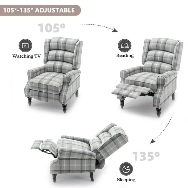 Upholstered Wingback Recliner Chair, Plaid Recliner Chair Armchair Adjustable Footrest Push Back Reclining Sofa, Mid-Century Modern Lounge Armchair for Living Room, Bedroom, Reading -- Natural PATIOPTION