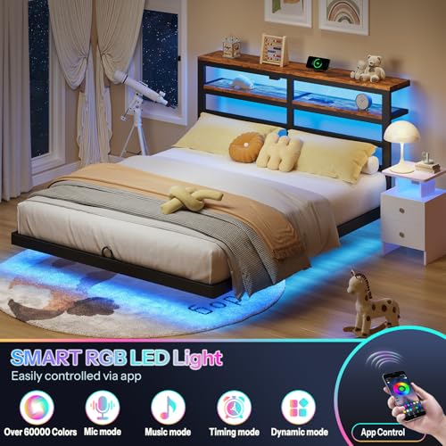 kozfrn Floating Bed Frame Full Size with Storage Headboard,Modern Metal Platform with Smart LED Lights and Charging Station,Metal Slat Support,No Box Spring,Easy Assembly,Noise-Free,Black kozfrn