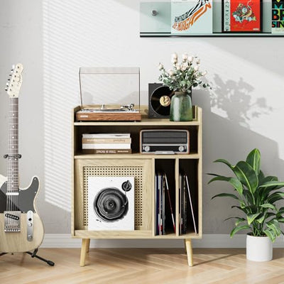 Morwdxef Record Player Stand with Vinyl Record Storage, Turntable Stand with Rattan Cabinet Door Holds up to 200 Albums, Vinyl Holder Storage Shelf for Living Room Bedroom Office