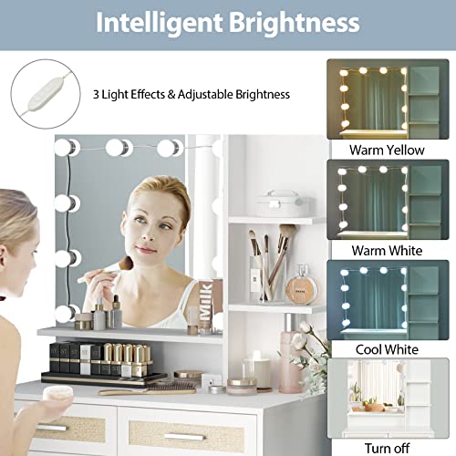 Maupvit Rattan Vanity Desk with Mirror and Lights, Boho Makeup Vanity Table Set with Nightstand, 5 Drawers & 10 Bulbs, Metal Silver Handle, 3 Open Shelves, Dressing Table with Cushioned Stool (White) Maupvit