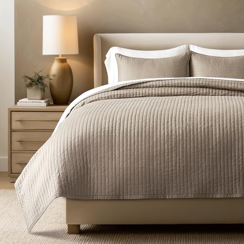 EVERGRACEHOME Cotton Sateen Quilt Set King Size, Pre-Washed Cotton Channel Stitch Coverlet Bedspread, 3 Pieces Lightweight Soft Bedding Sets for All Season, with 2 Pillow Shams, Stone Taupe EVERGRACEHOME