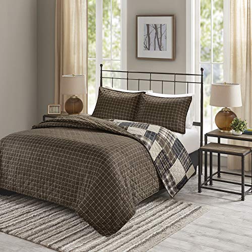 Madison Park Reversible Quilt Cabin Lifestyle Plaid Design - All Season, Breathable Coverlet Bedspread Bedding Set, Matching Shams, Timber Black/Brown Full/Queen(90"x90") 3 Piece Madison Park
