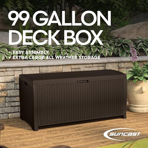Suncast DBW9200 99 Gallon Outdoor Wicker Plastic Patio Storage Chest Bin with Handles for Patio, Garden, Garage, or Pool for All Weather, Mocha Suncast