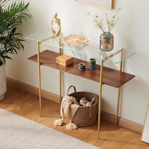 Saint Mossi 2-Tier Console Table for Living Room, Modern Narrow Entryway Table for Hallway, Foyer, Corridor, Office, Clear Glass Top & Gold Frame, D41×H31 SM Saint Mossi
