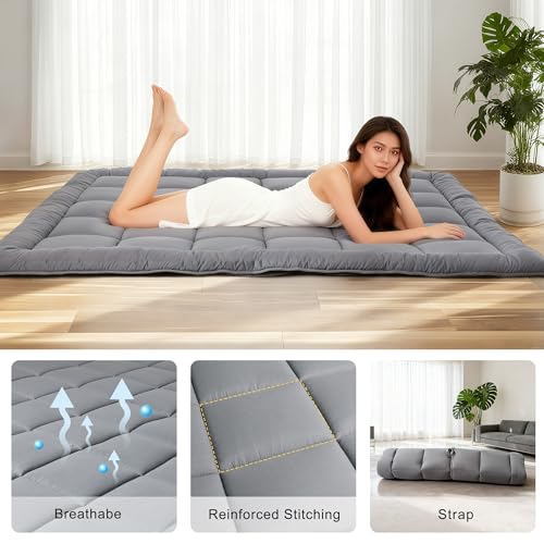 ALPSWAN Japanese Floor Mattress Futon, Thick 5-Layer Roll Up Foldable Mattress, Comfortable Foam Tatami Mat Sleeping Pad (Gray, Full) ALPSWAN