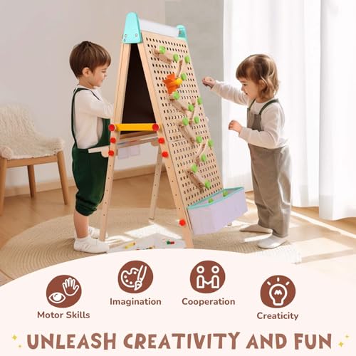WINGYZ Kids Easel Wooden Marble Run for Kids 3-7, 4-in-1 Toddler Art Easel for Kids 2-4 Painting Station Stand Drawing, Double-Sided 6 Heights Black Chalkboard Magnetic Whiteboard Paper Roll Holder wingyz