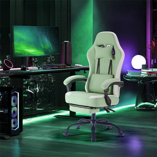 Sweetcrispy Computer Gaming Chair - High Back Ergonomic Desk Chair with Footrest and Lumbar Support, Height Adjustable Task Chair with Linkage Armrests and Headrest, 360° Swivel Wheels, Green Sweetcrispy