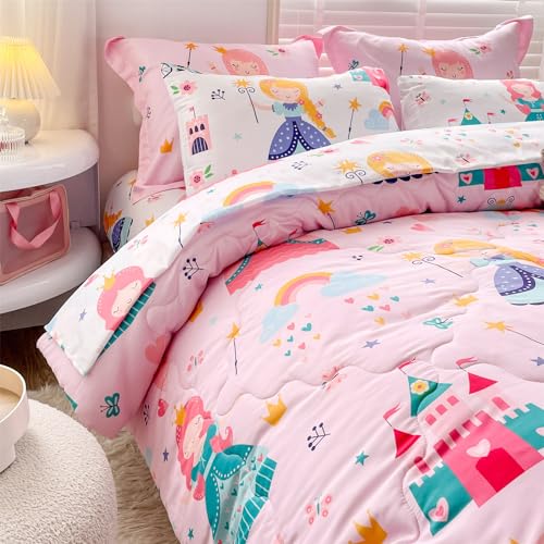 Wajade Kids Pink Princess Comforter Set Bed in A Bag Queen Size 7 Piece Princess Fairy Tales Castle Bedding Set for Girl (1 Comforter, 1 Flat Sheet, 1 Fitted Sheet, 2 Pillowcase and 2 Pillow Sham) Wajade