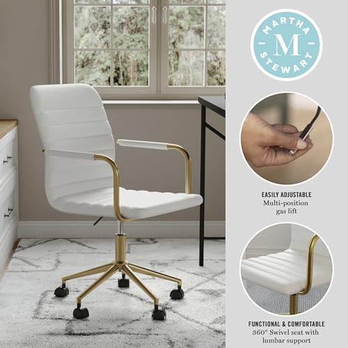 Martha Stewart Taytum Swivel Task Chair with Armrests for Home Office in White Faux Leather with Polished Brass Frame Martha Stewart