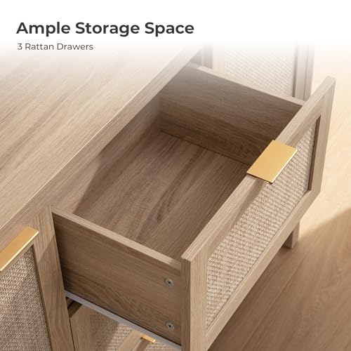 SICOTAS 52" Larger Sideboard Buffet Coffee Bar Cabinet with Storage - Farmhouse Rattan Credenza Storage Cabinet with 3 Drawers and 2 Doors, Boho Console Table for Living Room, Kitchen, Light Oak SICOTAS
