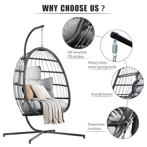 HWB Hanging Egg Chair with Stand, Swing Hammock Chair with Cushion for Indoor Outdoor, Patio Wicker Egg Swing Chair for Balcony Furniture, Light Gray HWB
