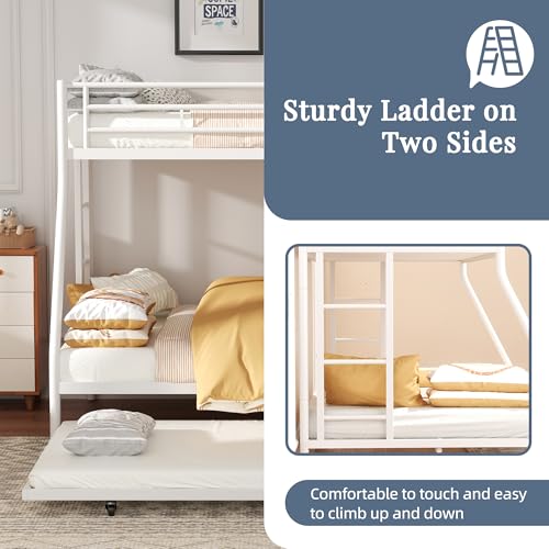 Shintenchi Bunk Bed Twin Over Full Size with Trundle, Heavy-Duty Twin&Full Frame with Full-Length Guardrail and Two Ladders, Triple for Kids, Teens and Adults, Space-Saving, White Shintenchi
