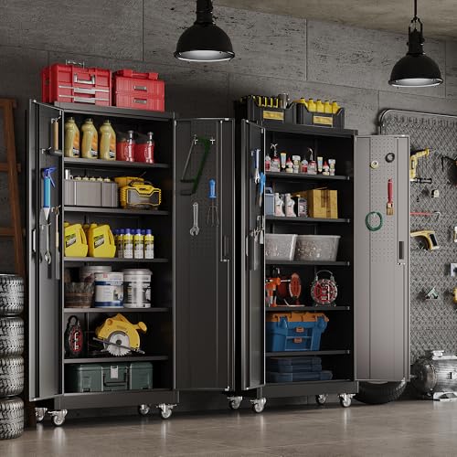Reemoon 71" H Garage Storage Cabinets with 5 Adjustable Shelves and Door Pegboard,Metal Storage Cabinets with Wheels for Garage Home,Required Assembly,Black Reemoon