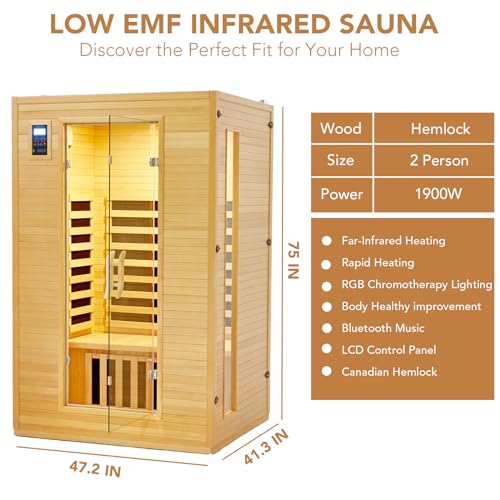 2024 Upgrade 2 Person Sauna, Low EMF 6 Heating Plate Infrared Physical Therapy Wooden Dry Steam Sauna with MP3 Auxiliary Connection, Dual Controls, Iron Shirt Wall Plate, Home Spa Day Use, Gift PioneerWorks
