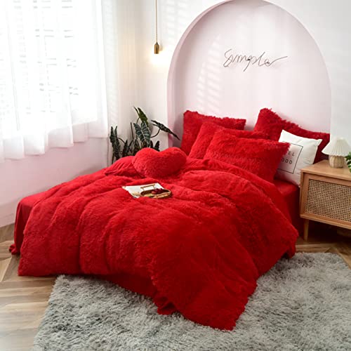 MorroMorn 5 PCS Shaggy Duvet Cover Bedding Set - Long Faux Fur Luxury Ultra Soft (Red, Full/Queen) MorroMorn