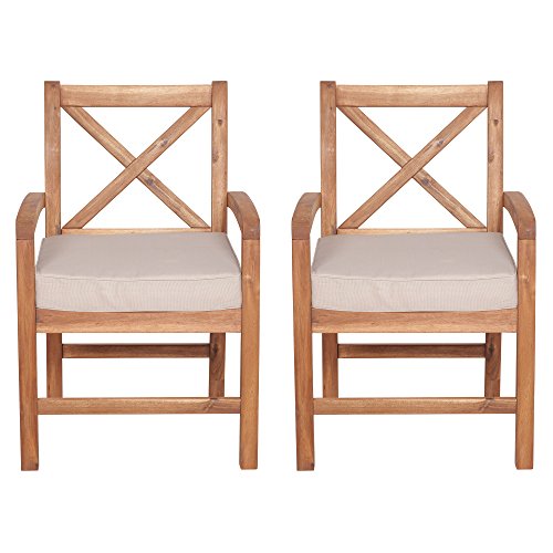 Walker Edison Delray Classic Acacia Wood X Back Patio Chairs with Cushions, Set of 2, Brown Walker Edison