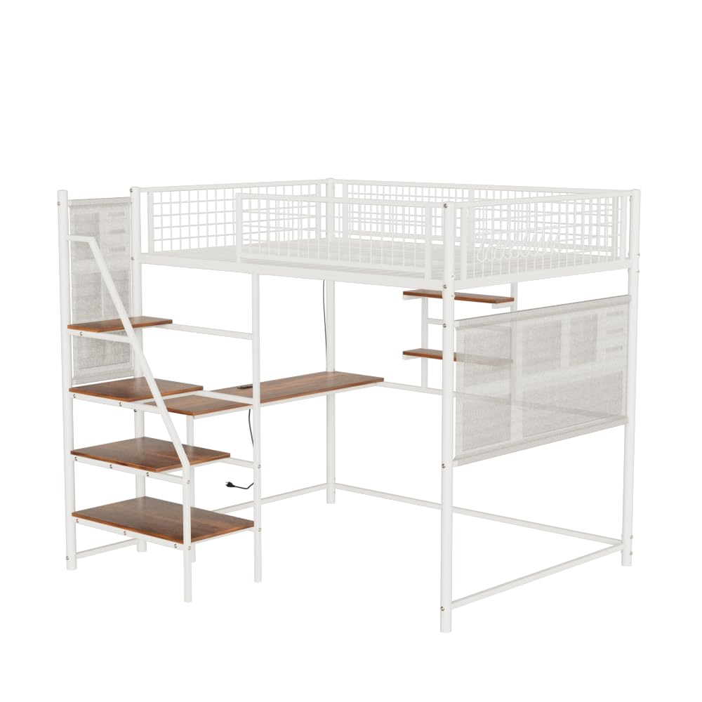 KEIKI Full Sized Loft Metal Bed with Desk and Stairs, Metal Loft Bed Frame, Heavy-Duty High Loft Beds with Built-in Charging Station and Lighting for Bedroom, Dormitory KEIKI