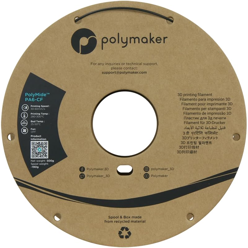Polymaker PA6-CF Nylon Filament 1.75 Black, 500g Carbon Fiber Nylon Filament 1.75mm, Cardboard Spool - PolyMide PA6-CF Warp Free Nylon 3D Printer Filament Polymaker
