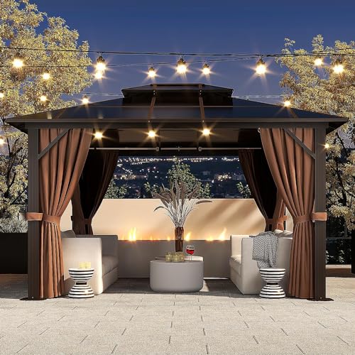 Jolydale 10'x12' Hardtop Gazebo,Outdoor Polycarbonate Gazebo, Double Roof Gazebo, Aluminum Frame Permanent Pavilion with Netting and Curtains, for Patios, Gardens, Backyard Jolydale