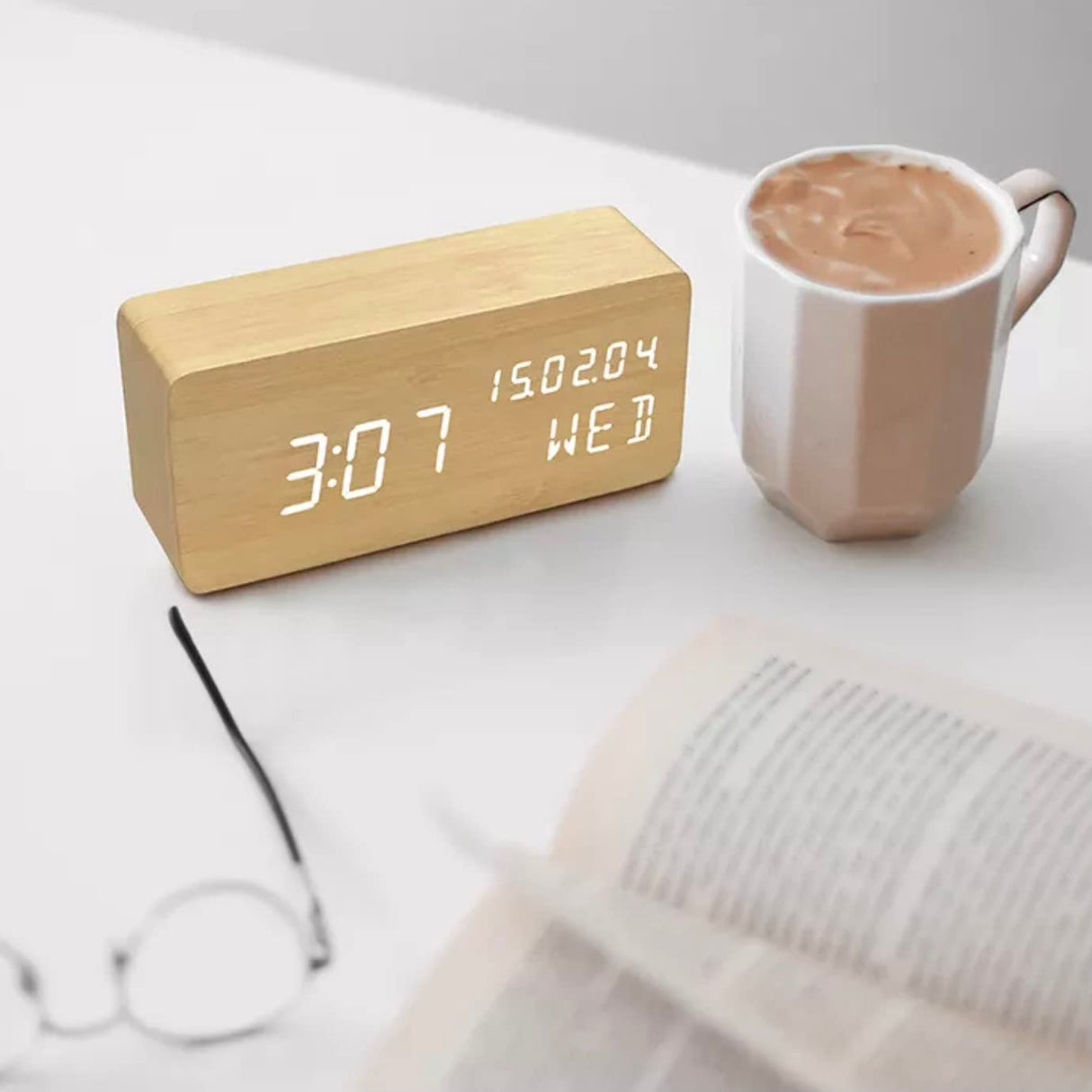 Pokanic Wood Digital Alarm Clock Desk Time, Date(MM/DD/YY), Day of The Week, Temperature, Nightlight Large LED Display Portable Lamp Bedroom, Office, School, Home, Livingroom, Room (Bamboo) Pokanic