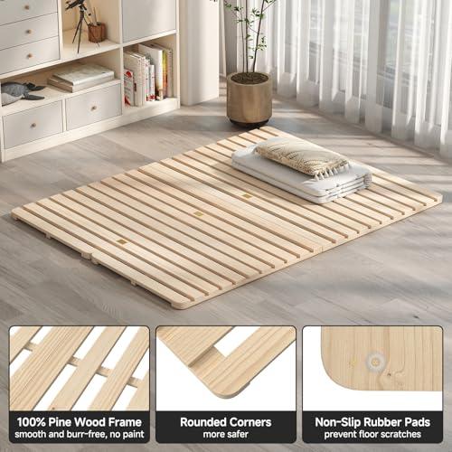 DoCred Solid Pine Wood Foldable Slatted Bed, Japanese Floor Bed Frame Moisture-Proof, Beds Plate for Japanese Floor Futon Mattress, Guest Tatami Mat, Floor Sleep Bedding, Queen DoCred