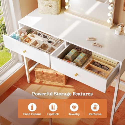 SUPERJARE 35.4" White Desk with 2 Drawers, Modern Makeup Vanity with Padded Stool, Small Computer Desk Home Office Desk for Writing Study Bedroom SUPERJARE