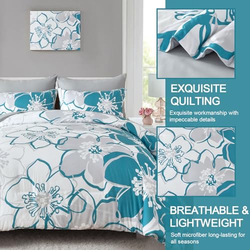 Anibedding Teal Floral Comforter Set King Size 7 Piece, Teal Blue Flower Bed in a Bag, Elegant Botanical Floral Comforter Soft Microfiber Complete Bedding Set for All Season, (Teal, 104"x90") Anibedding