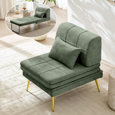 wanan Convertible Sofa Bed, 3-in-1 Futon Sleeper Chair with Back Support & Pillow, Chenille Fabric Single Daybed with Solid Wood Frame & Sturdy Metal Legs, for Living Room Bedroom, Vintage Green