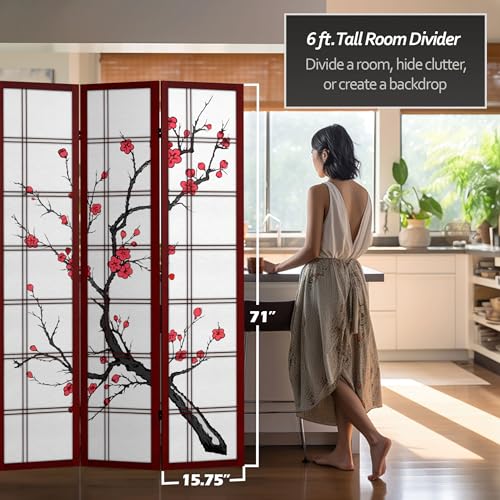 Red Lantern 6 ft. Tall Canvas Cherry Blossom Room Divider-Rosewood-3 Panels, 71 inches high Wide Red Lantern