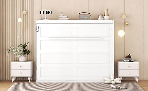 Merax Full Size Murphy Bed, Wood Hidden Foldable Wall Bed Frame w/Gas Struts, Storage Bed Cabinet for Bedroom, Office, Space-Saving, No Box Spring Needed, White Merax