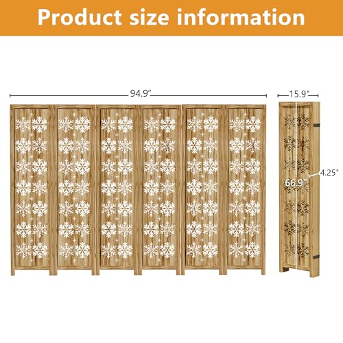 Casaphoria 6 Panels Room Divider, Folding Screen Room Divider with Snowflake Pattern for Home Office, Restaurant and Bedroom, Paulownia Wood, 95" W x 67" H (Natural) Casaphoria
