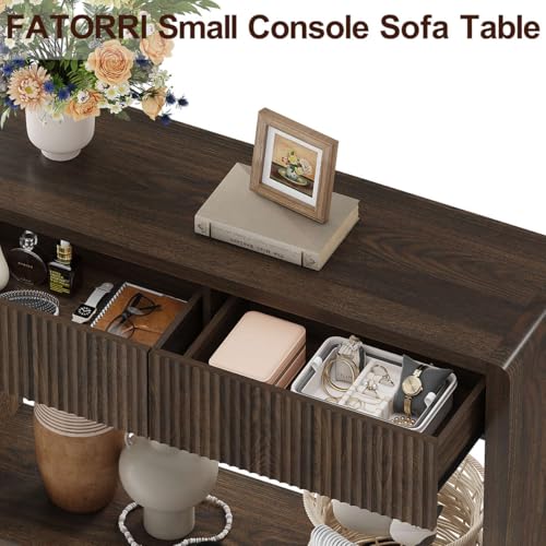 FATORRI Console Entryway Table, Narrow Wooden Sofa Table with 2 Drawers, 39.37 inch Modern Foyer Tables and Couch Tables Behind Sofa for Living Room, Hallway (Dark Walnut) FATORRI