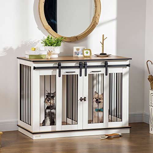 PawHut Dog Crate Furniture with Divider, Dog Crate End Table for Small to Large Dogs, Large Indoor Dog Kennel with Double Doors, 47" W x 23.5" D x 35" H, White PawHut