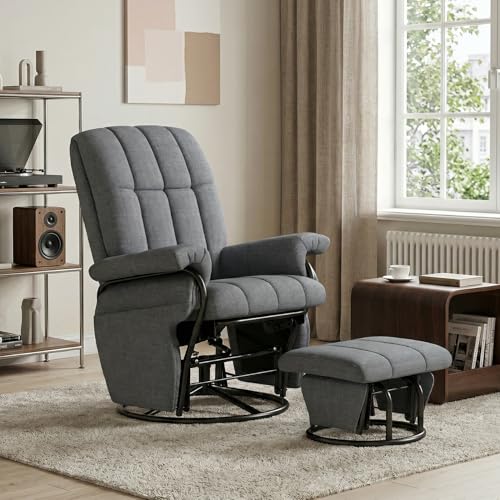 JIASTING 360° Swivel Recliner Chair with Ottoman & Double Side Pockets, Nursing Glider Rocking Recliner Chair, Gliding Chairs for Nursery, Living Room, Bedroom, Office (Gray)