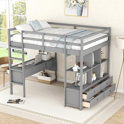 Harper & Bright Designs Full Size Grey Loft Bed with Desk, Storage Drawers, and Shelves Harper & Bright Designs
