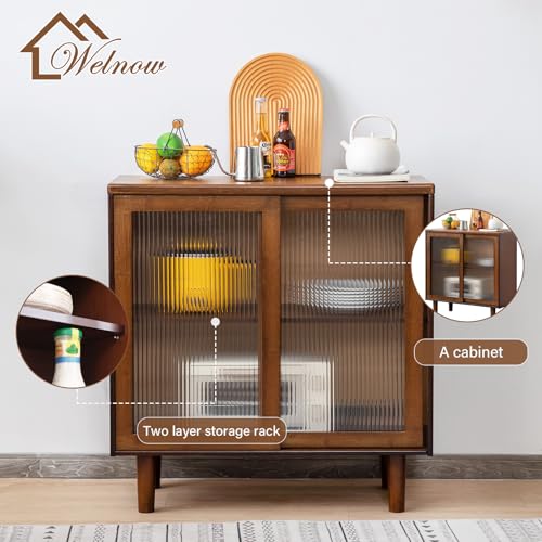 Welnow Buffet Cabinet, Bamboo Sideboard with Storage Kitchen Display Cabinet with 2-Tier Shelves Boho Coffee Bar Tables for Kitchen, Living Room, Entryway, Office, Walnut Welnow