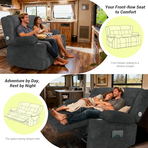 MOSGAT RV Loveseat Recliner Sofa, Reclining Loveseat Home Theater Seating with USB Ports, Cup Holders, Insert Pockets, Wall Hugger RV Recliners for Movie Room, Recline Movie Seats Gaming Sofa, Gray