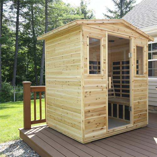 Kanlanth Outdoor Infrared Sauna with Red Light Therapy, 4 Person 2050watt Canadian Hemlock Wood Personal Sauna Room for Indoor Home, with Blue-Tooth, 4 Chromo Therapy Lighting, Control, Cup Holder Kanlanth