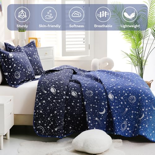JSD Blue Stars Kids Quilt Set Full/Queen, 3 Piece Space Theme Boys Printed Bedspread Coverlet with Pillow Sham Quilted Blanket JSD