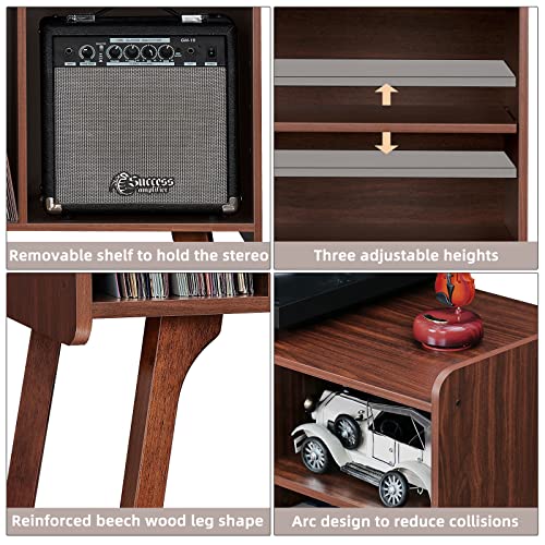 Lerliuo Record Player Stand with 4 Cabinet Holds Up to 220 Albums, Large Turntable Stand with Beech Wood Legs, Mid-Century Record Player Table,Walnut Vinyl Holder Storage Shelf for Bedroom Living Room Lerliuo